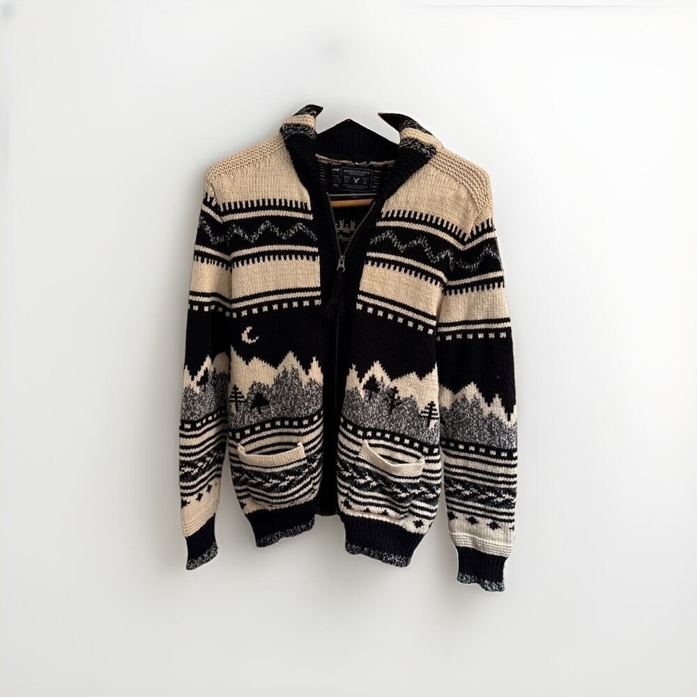 American‎ Eagle Sweater Mens Small Aztec Tribal Nordic Geometric Full Zip Jacket